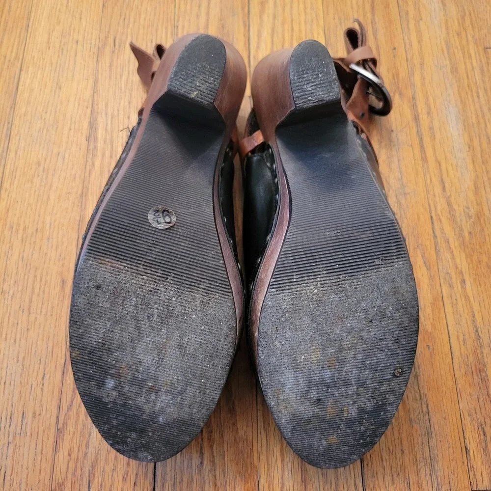Dani‎ Black 9.5 Platform Clog Heels Black Studded Leather Slingback Peep Toe